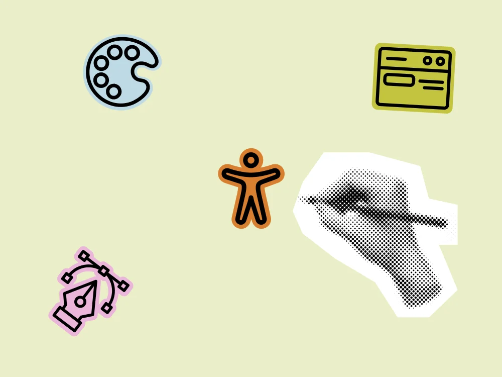 Collage mit verschienen Icons die den Prozess von Webdesign darstellen und als zentrales Element die Barrierefreiheit sehen.