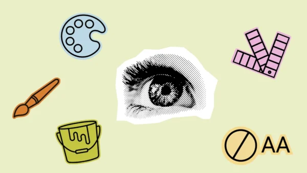 Eine Kollage auch verschiedenen Icons die mit Farbe zu tun haben umgeben ein Auge.