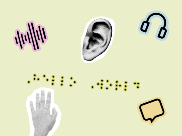 Collage die zeigt wie ein Screenreader entweder als Audio wiedergegeben werden kann oder die Inhalte in Braille Schrift ändert.