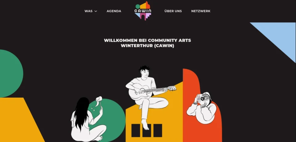 Startseite von Community Arts Winterthur mit Illustrationen von drei Kulturschaffenden.