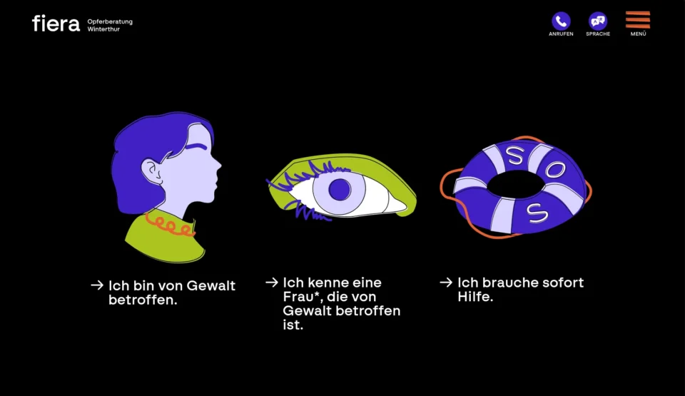 Startseite der fiera Opferberatung mit drei Einstiegen für Betroffene, Bezugspersonen und akute Hilfe.