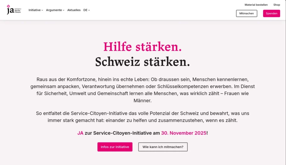Startseite der Service-Citoyen-Initiative mit der Überschrift «Hilfe stärken. Schweiz stärken.»